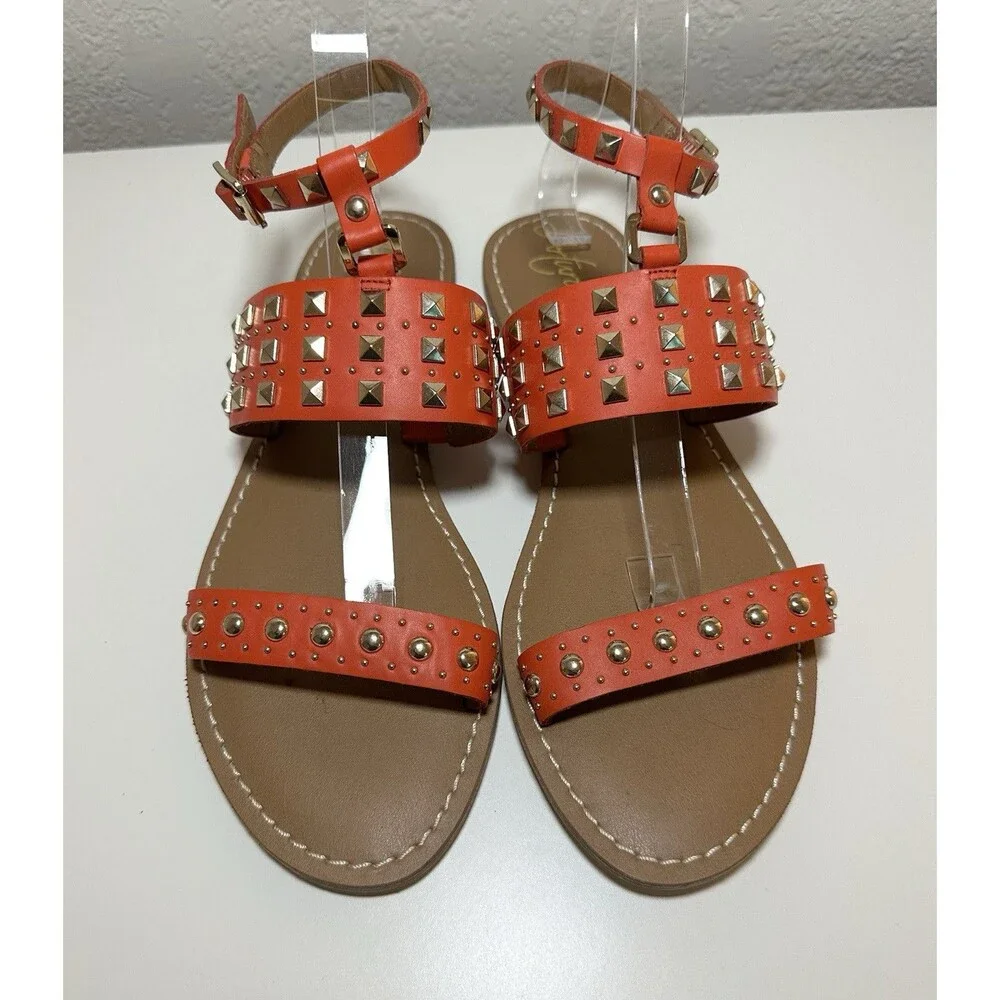 Arturo Chiang‎ Orange Gold Studded Leather Flat Ankle Strap Sandals Women's 9M
